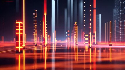 Poster - vibrant digital landscape with glowing vertical lines and abstract structures, showcasing futuristic