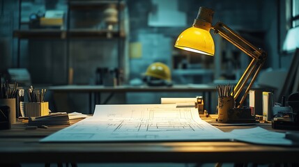 Poster - Workspace of Architect with Blueprints and Desk Lamp at Site