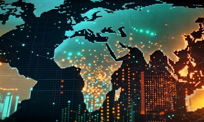 Poster - Digital World Map with Intricate Details in Blue and Orange Glowing Network Connections Displaying Global Connectivity