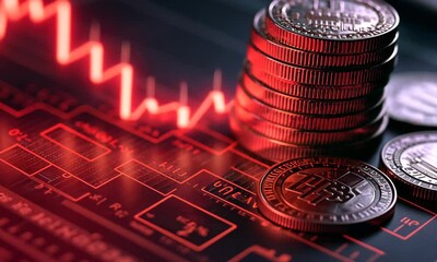 Aufkleber - Financial Market Downturn Stacked Coins with Declining Red Graph on Black Background