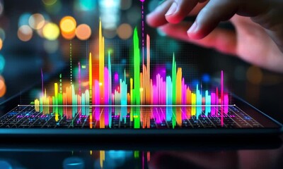 Poster - Fingers Touching Glowing Colorful Chart on Electronic Tablet with Bokeh Background Data Analysis Investment Stock Market