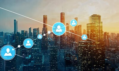 Poster - Futuristic Cityscape with Digital Network Overlay and Glowing Connections in Urban Background
