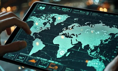 Poster - Global Digital Network World Map Displayed On Tablet In Hand With Abstract Bokeh Cityscape