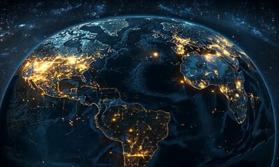 Poster - Global Earth View at Night with City Lights Illuminating Continents in Dark Space