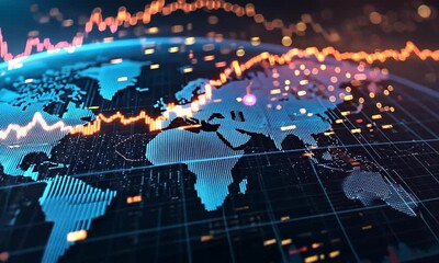 Poster - Global Economic Landscape Data Visualization with Digital Blue World Map and Financial Market Stock Chart Analysis