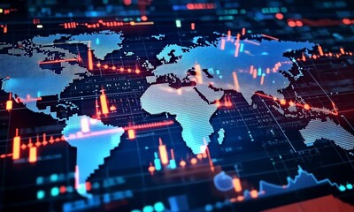 Poster - Global Financial Data Visualization World Map with Stock Market Charts in Blue and Red