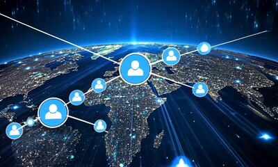 Poster - Global Network Connecting People Across the Earth on a Digital Globe With Blue Lights