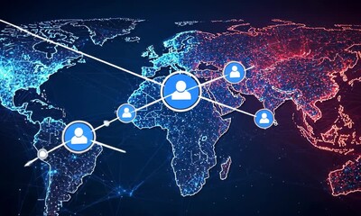 Poster - Global Network Connecting World with Dots and Lines on a Blue Earth Map Background for Digital Communication and Social Media