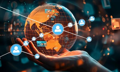 Poster - Glowing Earth Globe in Hand with Abstract Global Network Connections on Bokeh Background Representing Connectivity