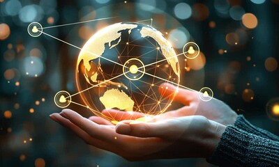 Poster - Glowing Global Network in Hands With Interconnected Nodes on a Dark Blurred Background