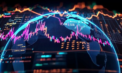Poster - Glowing Global Stock Market Graph with Fluctuating Pink and Orange Trends in a Dark Blue Cyberpunk Setting