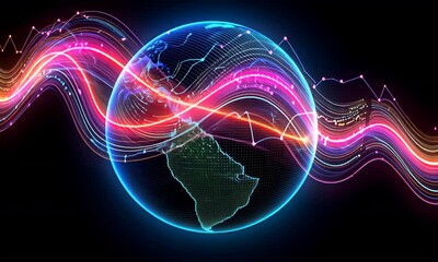 Poster - Glowing Globe with Digital Waveforms Against a Black Background for Technology Themes