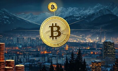 Poster - Golden Cryptocurrency Over Cityscape with Mountain Backdrop Digital Currency Concept