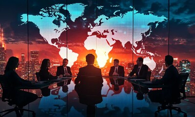 Poster - Group of Business People in Dark Suits Discussing Strategy with Illuminated World Map and City Skyline at Sunset