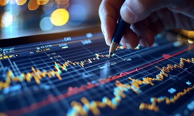 Poster - Hand Analyzing Stock Market Trends with Pen on Touchscreen Display and Financial Charts in Blue Bokeh Background