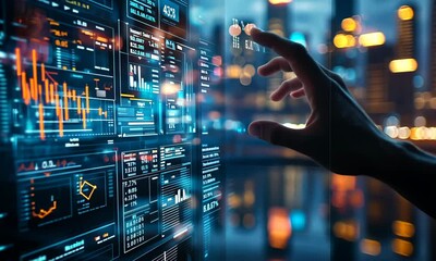 Poster - Hand Interacting with Digital Data Visualization Screen at Night Cityscape Background with Blue and Orange Tones