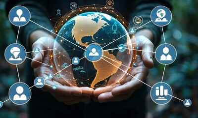 Poster - Hands Holding Digital Globe with Connection Nodes in a Forest Setting with Teal Tones and Networked Icons