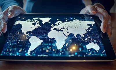 Poster - Hands Holding Tablet Displaying a White World Map on Blue Background Showing Global Connections