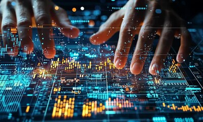 Poster - Hands Interact with Glowing Futuristic Technology Display with Abstract Data Visualization in Cyber Network Concept