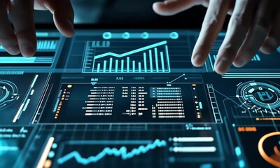 Poster - Hands Interacting with Digital Charts and Data on Futuristic Touchscreen Display in Blue Light