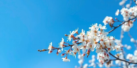 Delicate white blossoms on a flowering tree branch against a blue sky, plant, spring