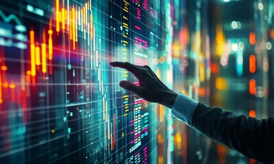 Poster - Human Hand Interacting with Glowing Stock Market Chart Display Futuristic Digital Interface Finance Data Analysis on Blue