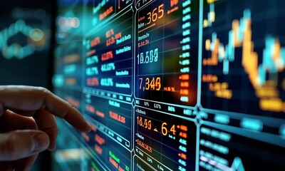 Poster - Human Hand Interacting with Glowing Stock Market Data and Charts on Screen