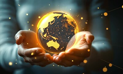 Poster - Illuminated Digital Globe Held in Human Hands Emitting a Warm Glow Against a Dark Background