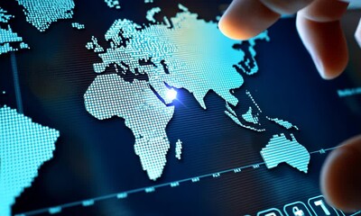 Poster - Illuminated Digital World Map on Screen with Finger Pointing at Middle East Region