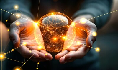 Poster - Illuminated Sphere Being Held in Hands Displaying Connected Nodes on Dark Background Featuring an Abstract Design