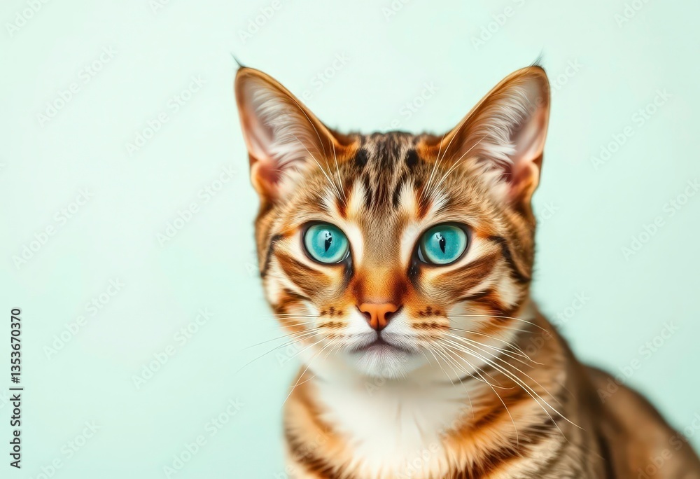 Emerald-eyed cat, serene pose against pastel mint backdrop, wildlife, fluffy