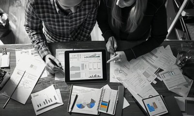 Poster - Monochrome Overhead Shot of a Business Team Analyzing Data on a Tablet and Paper Documents at a Wooden Table