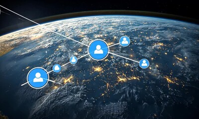 Poster - Network Globe Earth Communication with Blue User Icons and Connected Nodes in Night City Lights