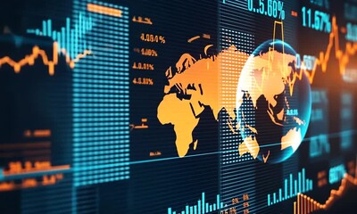 Poster - Orange and Blue Financial Data Display with World Map and Globe on Dark Background