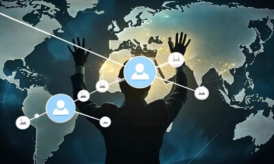 Poster - Person Connecting Global Network with Digital Interface on World Map Background