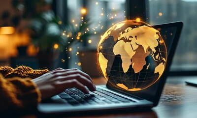 Poster - Person Typing on Laptop with Glowing Digital Earth Overlays Global Connectivity