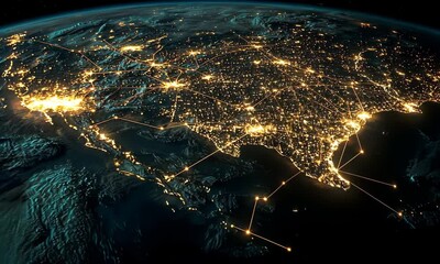 Poster - Satellite View of Earth at Night Featuring City Lights and Dark Blue Hues Showing Infrastructure and Global Connectivity