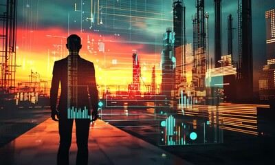Poster - Silhouette of Person Walking in Advanced Cityscape with Red and Orange Sunset and Digital Overlay Artificial Intelligence Theme