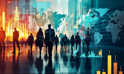 Poster - Silhouetted Business Professionals Walk with Abstract Global Map and Data Charts in a Modern Urban Setting