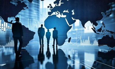 Poster - Silhouetted Business Team Standing Before a Blue World Map with Financial Charts and Graphs