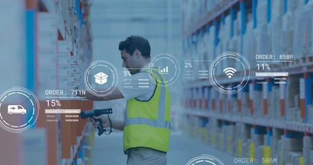 Poster - scanning packages, warehouse worker using digital animation for data processing