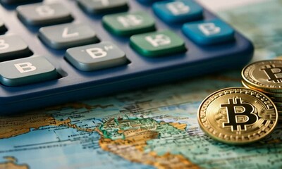 Poster - Stack of Bitcoin Coins with Blue Calculator on a Detailed World Map Under Warm Lighting Focus on Financial Technology and Global Economy