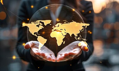 Poster - Woman Holding Golden World Map in Hands Representing Global Connectivity and Technological Advancement on Blurred Background