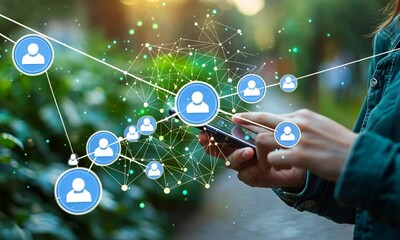 Poster - Woman Using Mobile Device With Digital Network Overlay In Green Blurred Background