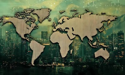Poster - World Map Made of Grids on a City Skyline Background with an Abstract Earth Design