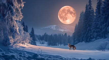Poster - A lone wolf howling at a massive full moon over a snowy forest.