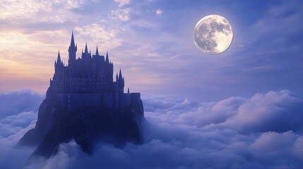 Fototapete - A medieval castle floating on a sea of clouds, illuminated by the moon.