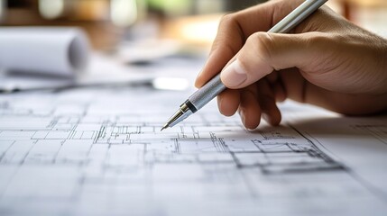 Fototapete - Engineer's Hand Holding Pen Above Technical Drawing and Blueprint