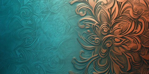 Poster - Intricate abstraction featuring swirling patterns and textures in a teal and copper color palette