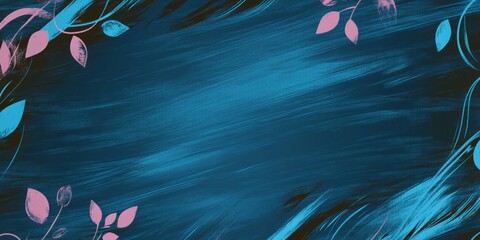 Poster - Vibrant abstract background featuring pink leaves against a deep blue hue with artistic brush strokes